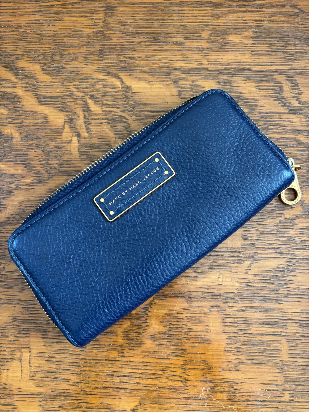 Marc by Marc Jacobs Navy Pebbled Leather Zip Around Wallet with Gold Accent